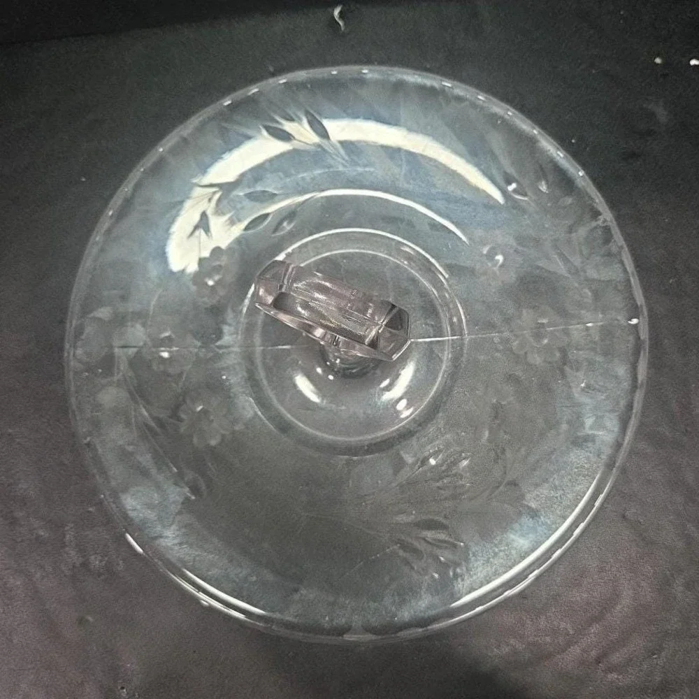 Etched Floral Tidbit Tray, Vintage Center Handle Sandwich Plate, Clear Glassware